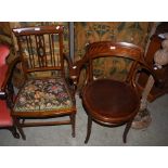 EDWARDIAN MAHOGANY AND BOXWOOD LINED ELBOW CHAIR WITH NEEDLEWORK UPHOLSTERED SEAT, TOGETHER WITH A