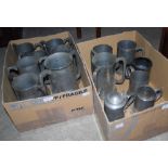 TWO BOXES OF ASSORTED PEWTER FLAGONS, TANKARDS, ETC