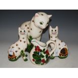 FOUR PIECES OF GRISELDA HILL POTTERY FOR WEMYSS, INCLUDING A LARGE CAT FIGURE WITH BEE DECORATION, A