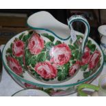 A WEMYSS WARE CABBAGE ROSE JUG & BASIN, THE JUG BASE IMPRESSED 'WEMYSS', THE BASIN BASE IMPRESSED '