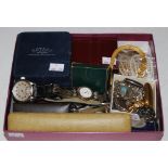 A BOX OF ASSORTED COSTUME JEWELLERY, WRISTWATCHES TO INCLUDE GENTS YELLOW METAL ROTARY WRISTWATCH IN