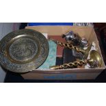 BOX - ASSORTED CUTLERY, FLATWARE, CASED AND LOOSE, PAIR OF SPIRAL BRASS CANDLESTICKS, CHINESE