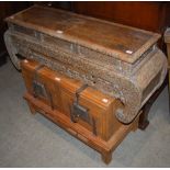 LATE 19TH CENTURY JAPANESE PINE CABINET STAND WITH CARVED AND PIERCED FOLIATE DETAIL ON INVERTED