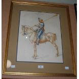 A MODERN COLOUR LITHOGRAPHIC PRINT OF ALBRECHT DURER'S 'STUDY OF A RIDER 1498', MOUNTED, FRAMED