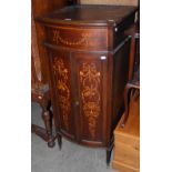 EDWARDIAN MAHOGANY AND MARQUETRY INLAID BOWFRONT GRAMOPHONE CABINET WITH HINGED TOP AND TWO PANELLED