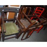PAIR OF OAK HALL CHAIRS TOGETHER WITH A RED PAINTED LADDER BACK CHAIR AND AN 18TH CENTURY AND