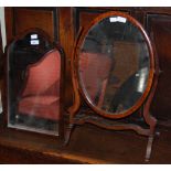EARLY 20TH CENTURY MAHOGANY AND BOXWOOD LINED OVAL-SHAPED DRESSING TABLE MIRROR, TOGETHER WITH AN