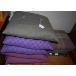 FIVE ASSORTED ANTA CUSHIONS TOGETHER WITH A VICTORIAN ANTA UPHOLSTERED SQUARE FOOTSTOOL ON FOUR