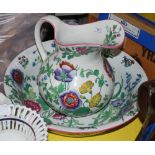 A COPELAND SPODE JAPAN PATTERN TRANSFER PRINTED EWER AND BASIN WITH HAND COLOURED DETAILS