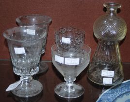 A COLLECTION OF GLASSWARE TO INCLUDE A PAIR OF 19TH CENTURY FACET CUT GLASS RUMMERS, EACH 16.5CM