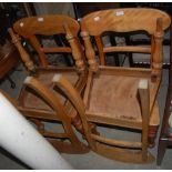 SET OF FOUR VICTORIAN STAINED PINE KITCHEN CHAIRS WITH SOLID SEATS AND BALUSTER TURNED SUPPORTS