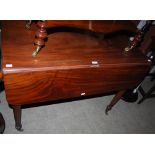 A 19TH CENTURY MAHOGANY PEMBROKE TABLE WITH SINGLE END DRAWER, TAPERED CYLINDRICAL SUPPORTS, BRASS