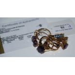 A 9CT GOLD CSARITE SINGLE STONE RING WITH CERTIFICATE OF AUTHENTICITY, AND SEVEN OTHER ASSORTED GOLD