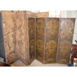 AN AUBOSSOUN TYPE NEEDLEWORK FOUR FOLD SCREEN, TOGETHER WITH A SMALLER EMBOSSED LEATHER FOUR FOLD