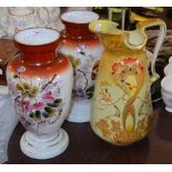 A PAIR OF LATE VICTORIAN OPAQUE GLASS VASES WITH PAINTED FLORAL DETAIL TOGETHER WITH A VICTORIAN