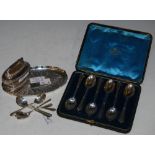 A CASED SET OF SIX LONDON SILVER TEASPOONS, A LONDON SILVER OVAL SHAPED TRAY, SIX BIRMINGHAM