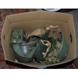 BOX - ASSORTED MILITARY HELMETS, GAS MASK, TELEPHONE SET JYA7815, AND ANOTHER VINTAGE ROTARY DIAL