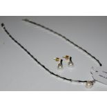A WHITE METAL, DIAMOND AND CULTURED PEARL NECKLACE, STAMPED '750', TOGETHER WITH A PAIR OF