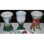 THREE WEMYSS WARE VASES, INCLUDING A DRAGONFLY TRUMPET VASE WITH GREEN PAINTED 'WEMYSS' TO THE BASE,