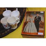 A VINTAGE EDWARD SHARPE & SONS QUEEN ELIZABETH II BISCUIT TIN, TOGETHER WITH FOUR ASSORTED ROYAL