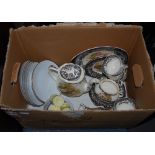 BOX OF ASSORTED CERAMICS TO INCLUDE 'PALISSY' PART COFFEE SET, ASSORTED GERMAN WHITE AND GILT SIDE