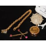 A 9CT GOLD MOUNTED EDWARD VII CORONATION MEDAL, SILVER MOUNTED COIN BROOCH, YELLOW METAL CHAIN AND