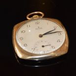 AN EARLY 20TH CENTURY ROLEX YELLOW METAL MANUAL WIND POCKET WATCH, OF THIN SQUARE FORM WITH A