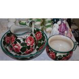 A WEMYSS WARE CABBAGE ROSE JUG, BASIN & POT SET, ALL WITH BLACK 'T. GOODE & CO, SOUTH AUDLEY,