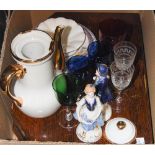 BOX - ASSORTED CERAMICS AND GLASSWARE TO INCLUDE AN OAK CASED CANTEEN OF ASSORTED EP CUTLERY AND