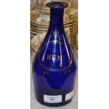AN 18TH CENTURY COBALT BLUE GLASS DECANTER WITH GILDED DECORATION INSCRIBED 'RUM'