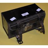 AN EARLY 20TH JAPANNED METAL AND BROWN LEATHER SADDLE BAG / DOCUMENT BOX