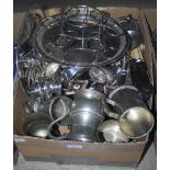 BOX - ASSORTED PLATED WARE, PEWTER FLAGONS, CUTLERY, FLATWARE ETC
