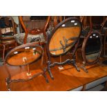 THREE ASSORTED MAHOGANY OVAL SHAVING TABLE MIRRORS.