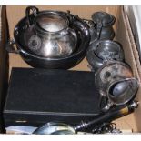 BOX - ASSORTED EP WARE, CUTLERY, MAGNIFYING GLASS ETC