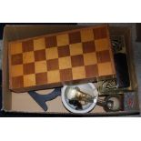 BOX - ASSORTED OBJECTS TO INCLUDE BRASS TRIVET, MINIATURE COPPER FLAGONS, MORTAR AND PESTLE,