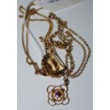 A 9CT GOLD NECKLACE SUSPENDING YELLOW METAL SPLIT PEARL AND AMETHYST SET PENDANT TOGETHER WITH A