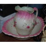LATE 19TH / EARLY 20TH CENTURY WHITE PINK AND FLORAL DECORATED EWER AND BASIN