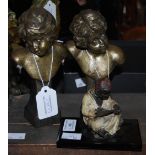 A PAIR OF ART NOUVEAU BRONZED SPELTER BUSTS, TOGETHER WITH A COLD PAINTED SPELTER FIGURE OF A SEATED