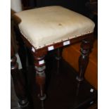 A 19TH CENTURY ROSEWOOD STOOL, THE SQUARE UPHOLSTERED TOP ON FOUR TAPERED BALUSTER TURNED SUPPORTS.