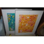 PAIR OF FRAMED 20TH CENTURY URBAN ART POSTERS: ONE IN RED, YELLOW AND WHITE, THE OTHER IN GREEN,