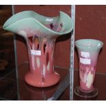 A VASART GLASS VASE MOTTLED GREEN AND PINK TOGETHER WITH ANOTHER SIMILAR COLOURED VASART VASE ON