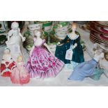 A GROUP OF SIX ASSORTED LADY FIGURES TO INCLUDE FOUR ROYAL DOULTON EXAMPLES - 'JANINE' HN2461', '