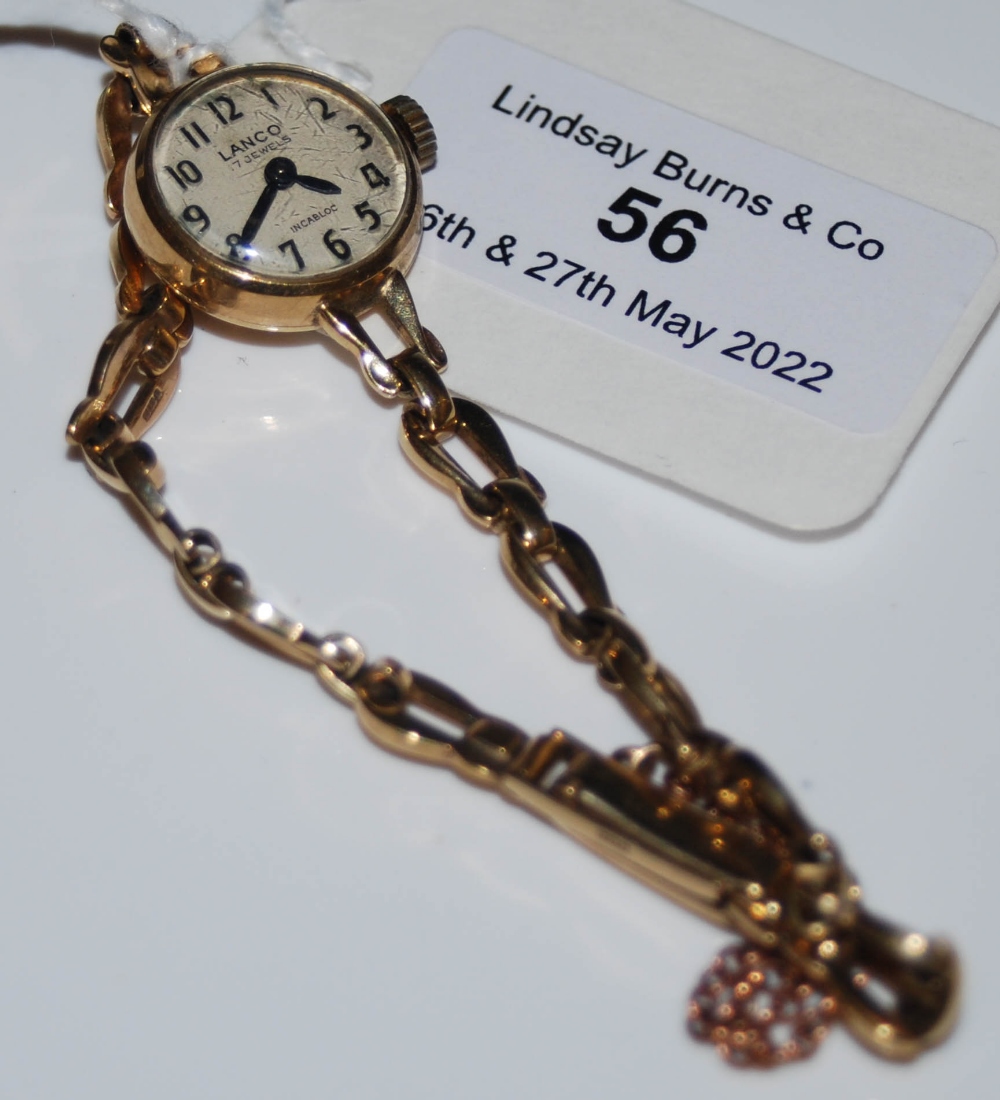 A VINTAGE 9CT GOLD CASED LANCO LADIES WRISTWATCH WITH 9CT GOLD BRACELET STRAP, GROSS WEIGHT 12.