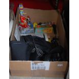 BOX - ASSORTED TOYS, VINTAGE CANON SLR CAMERA AND TRIPOD