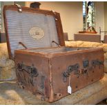 A LATE 19TH / EARLY 20TH CENTURY CANVAS AND LEATHER TRIMMED CABIN TRUNK BY J. C. SWEENEY,