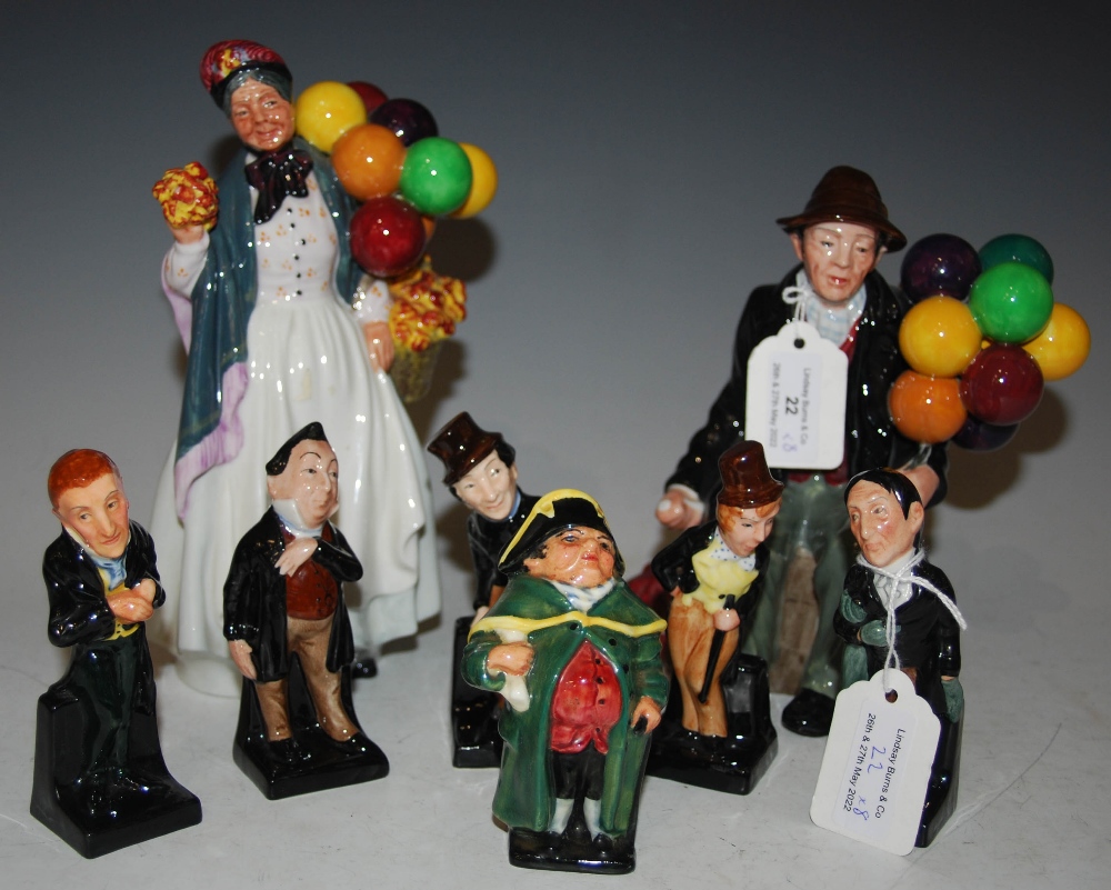 SIX ASSORTED ROYAL DOULTON DICKENS FIGURES, TOGETHER WITH A FIGURE OF 'THE BALLOON MAN HN1954'