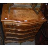 REPRODUCTION WALNUT SERPENTINE BACHELORS CHEST, THE SHAPED TOP ABOVE BRUSH SLIDE AND FOUR COCKBEADED