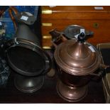 A COPPER AND BRASS SAMOVAR, PEWTER JUG WITH HORN HANDLE, PEWTER JUG WITH WOVEN WICKER HANDLE AND A