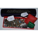 A BOX OF ASSORTED COSTUME JEWELLERY TO INCLUDE A GREEN LEATHER CASED MARCASITE RING, VINTAGE