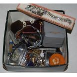 A BOX OF ASSORTED COSTUME JEWELLERY, WRISTWATCHES, COMMEMORATIVE CROWNS